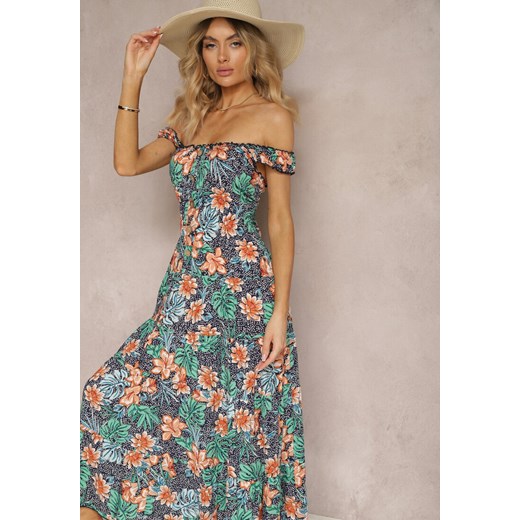 Granatowo-Zielona Bawełniana Sukienka w Kwiaty z Falbankami i Gumką w Talii Darialia ze sklepu Renee odzież w kategorii Sukienki - zdjęcie 172354306