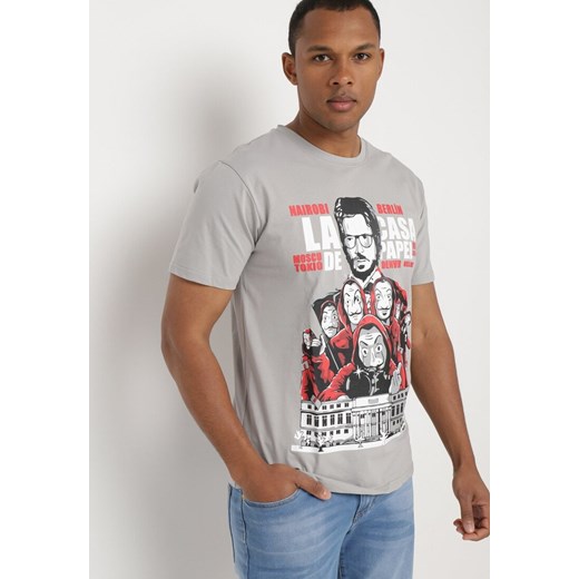Szary Klasyczny T-shirt z Bawełny z Dużym Nadrukiem Gunelia ze sklepu Born2be Odzież w kategorii T-shirty męskie - zdjęcie 172354967