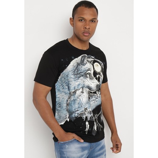 Czarna Koszulka Bawełniana z Dużym Nadrukiem na Przodzie Quexolia ze sklepu Born2be Odzież w kategorii T-shirty męskie - zdjęcie 172355026