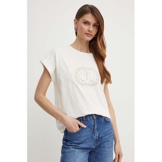 Twinset t-shirt bawełniany damski kolor beżowy ze sklepu ANSWEAR.com w kategorii Bluzki damskie - zdjęcie 172358667