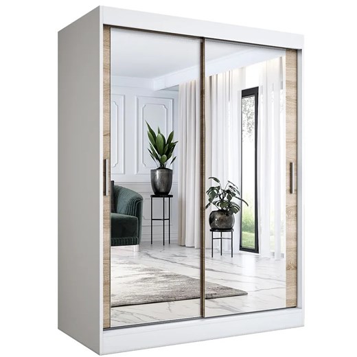 Szafa przesuwna z lustrem 150 cm biel + dąb sonoma W3-G00 ze sklepu Edinos.pl w kategorii Szafy - zdjęcie 172359345