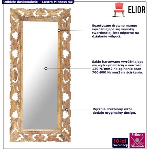 Prostokątne lustro w rzeźbionej ramie z drewna - Minross 4X Elior One Size Edinos.pl
