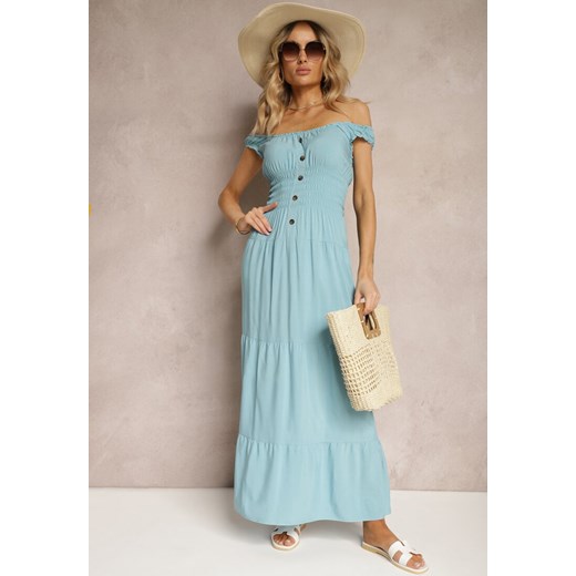 Niebieska Sukienka z Bawełny na Ramiączkach z Gumką w Talii i Guzikami Dunvia ze sklepu Renee odzież w kategorii Sukienki - zdjęcie 172364325