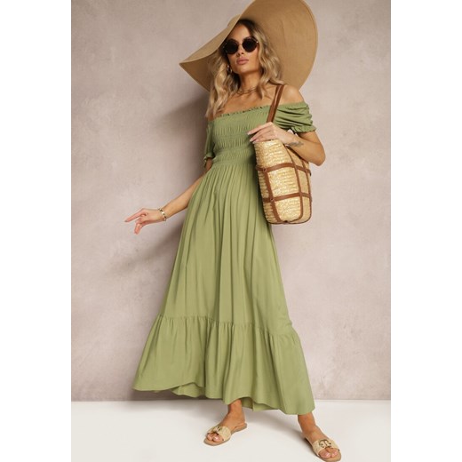 Zielona Rozkloszowana Sukienka z Bawełny Typu Hiszpanka z Marszczoną Górą Xilvia ze sklepu Renee odzież w kategorii Sukienki - zdjęcie 172364355