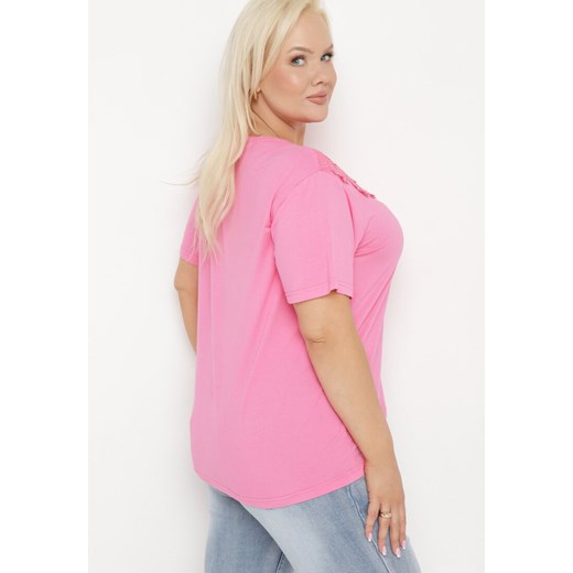 Różowa Koszulka z Krótkim Rękawem z Koronkowym Dekoltem Lovella XL promocyjna cena Born2be Odzież