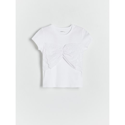 Reserved - T-shirt z ażurową wstawką - biały ze sklepu Reserved w kategorii Bluzki dziewczęce - zdjęcie 172378239