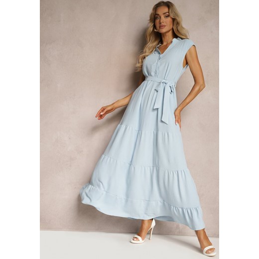 Jasnoniebieska Sukienka z Paskiem w Talii o Rozkloszowanym Fasonie bez Rękawów Ellasin ze sklepu Renee odzież w kategorii Sukienki - zdjęcie 172388127