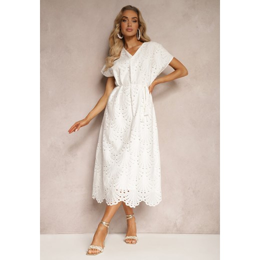 Biała Bawełniana Sukienka o Haftowanym Wykończeniu z Materiałowym Paskiem w Talii Dimla ze sklepu Renee odzież w kategorii Sukienki - zdjęcie 172388297