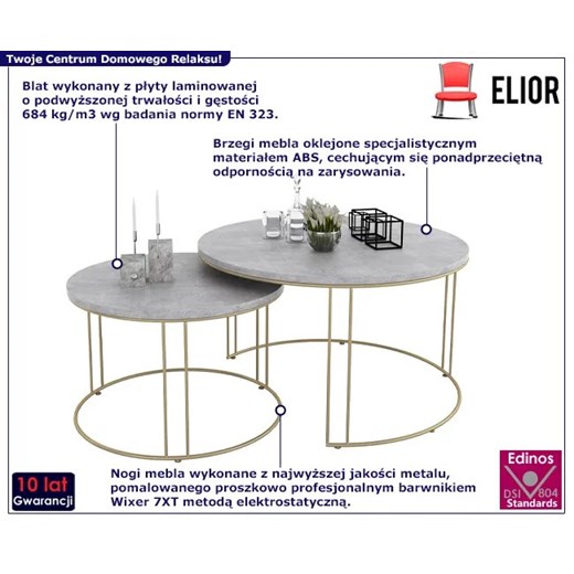 Zestaw dwóch stolików kawowych złoty + beton - Olona 3X Elior One Size Edinos.pl