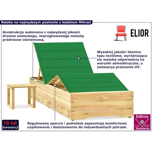 Regulowany leżak w zestawie z poduszką i stolikiem zielony - Mitros Elior One Size Edinos.pl