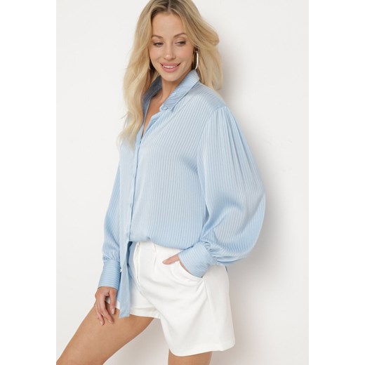 Niebieska Plisowana Klasyczna Koszula Zapinana na Guziki Hollysun ze sklepu Born2be Odzież w kategorii Koszule damskie - zdjęcie 172410425