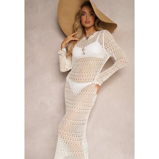 Biała Ażurowa Sukienka Narzutka z Długimi Rękawami Odemia ze sklepu Renee odzież w kategorii Odzież plażowa - zdjęcie 172410689