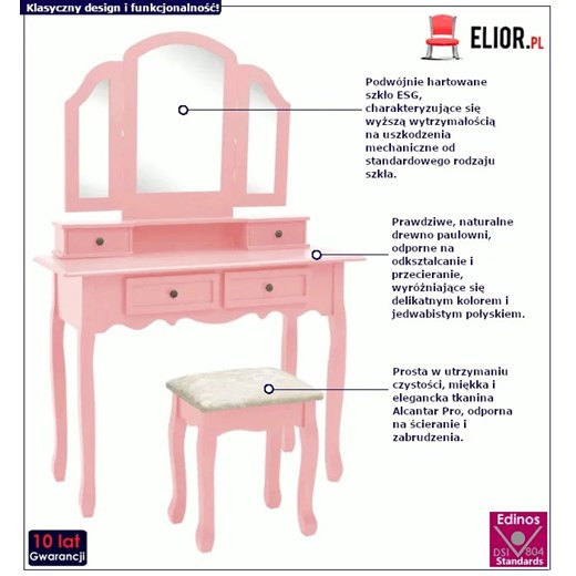 Różowa toaletka dla nastolatki ze stołkiem - Amareo Elior One Size Edinos.pl
