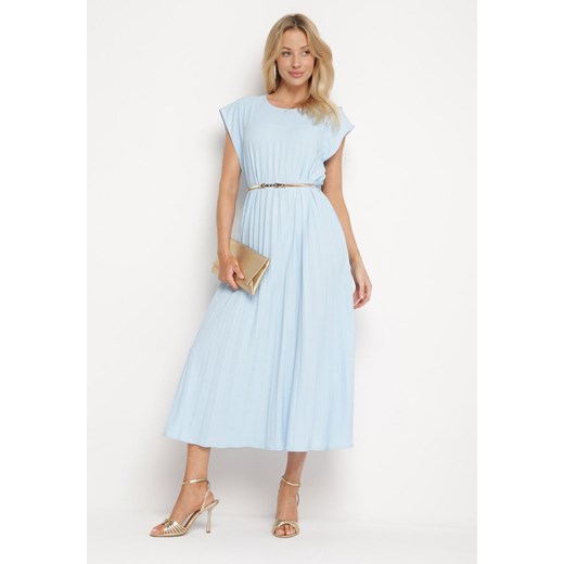 Niebieska Plisowana Sukienka z Krótkim Rękawem Nlea ze sklepu Born2be Odzież w kategorii Sukienki - zdjęcie 172414346
