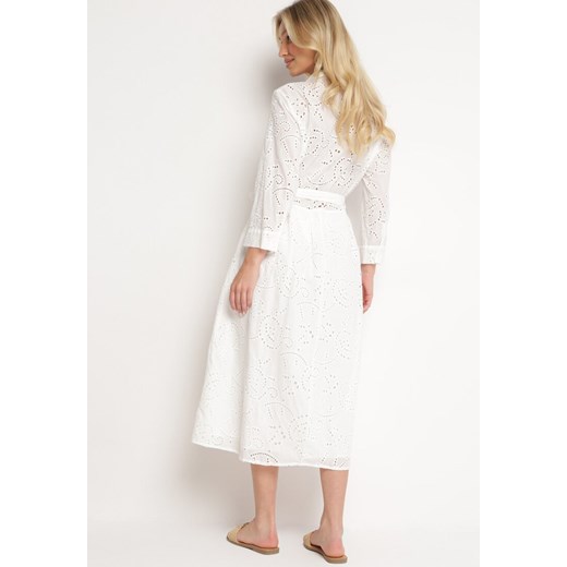 Sukienka Born2be na wiosnę biała z długim rękawem z tkaniny midi 