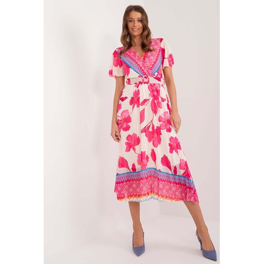 Wzorzysta sukienka z paskiem ciemno różowa ze sklepu 5.10.15 w kategorii Sukienki - zdjęcie 172420217