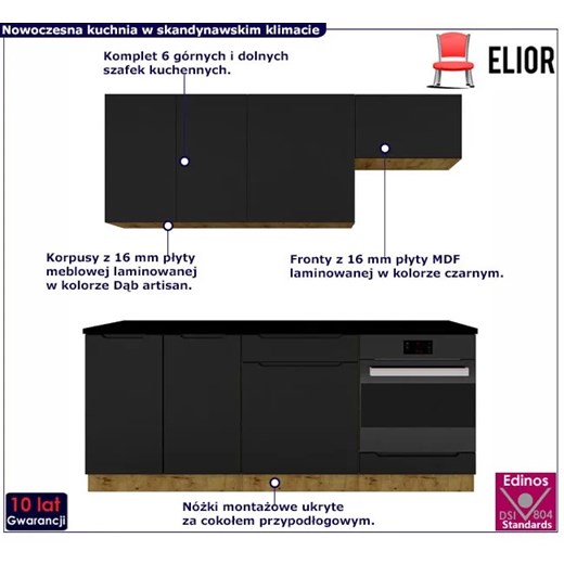 Komplet mebli kuchennych dąb artisan + czarny - Granada 27X Elior One Size Edinos.pl