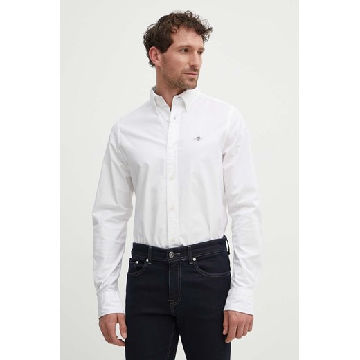 Gant koszula bawełniana męska kolor biały slim z kołnierzykiem button-down ze sklepu ANSWEAR.com w kategorii Koszule męskie - zdjęcie 172427199