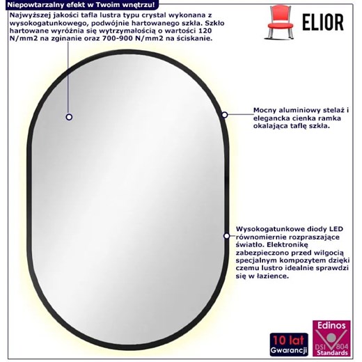Czarne owalne eleganckie lustro 95x40 cm - Fonsi 3X Elior One Size okazja Edinos.pl