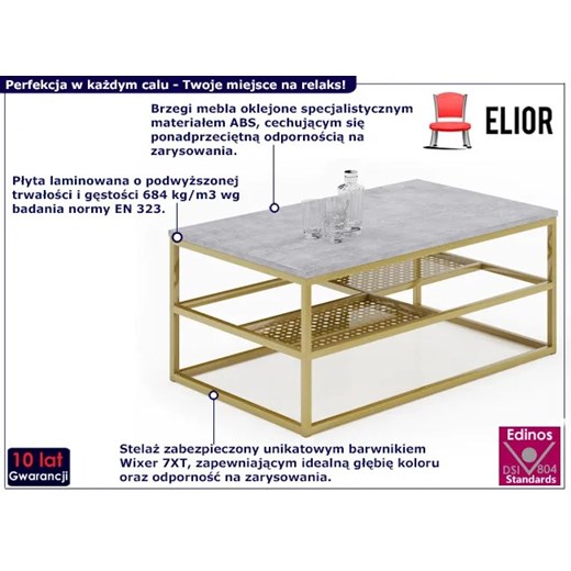 Metalowy stolik kawowy z półkami beton + złoty - Furios 3X Elior One Size Edinos.pl