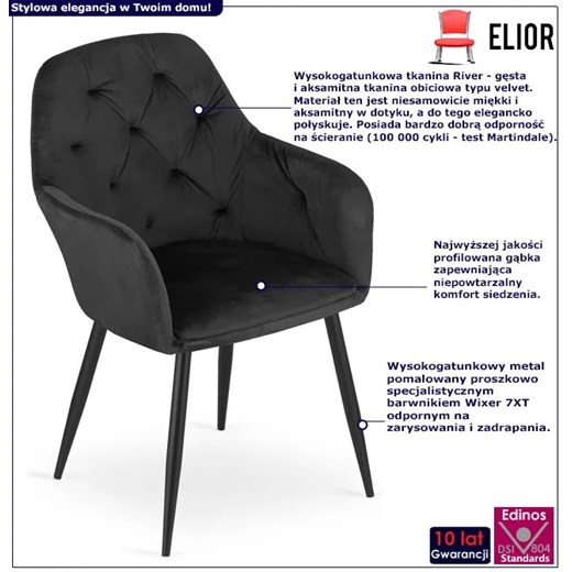 Czarne welurowe krzesło tapicerowane - Waris 3X Elior One Size wyprzedaż Edinos.pl