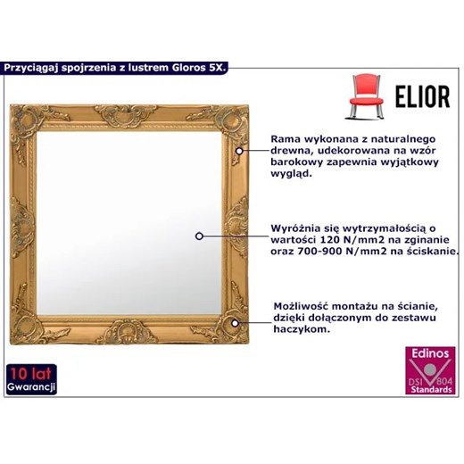 Kwadratowe wiszące lustro w ramie w stylu glamour - Gloros 5X Elior One Size Edinos.pl