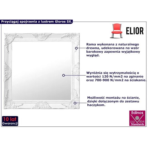 Białe kwadratowe lustro w rustykalnej ramie - Gloros 5X Elior One Size Edinos.pl