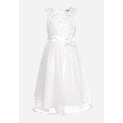 Biała Sukienka Princeska z Perełkami i Kokardką Crissta ze sklepu Born2be Odzież w kategorii Sukienki dziewczęce - zdjęcie 172435018