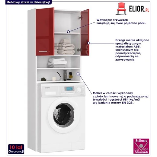 Słupek łazienkowy nad pralkę z półkami biały + czerwony połysk - Rikero 4X Elior One Size Edinos.pl