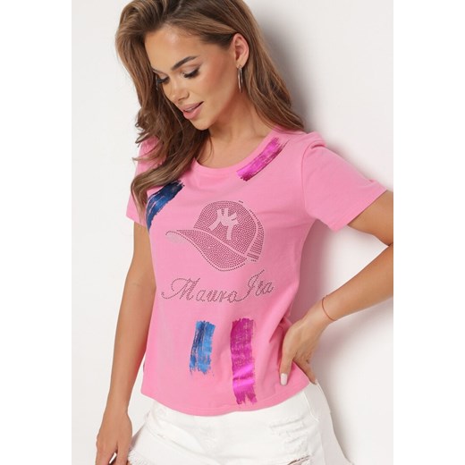 Różowy Bawełniany T-shirt z Krótkim Rękawem Ozdobiony Nadrukiem z Cyrkoniami Abilena ze sklepu Born2be Odzież w kategorii Bluzki damskie - zdjęcie 172530867