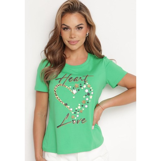 Zielony Bawełniany T-shirt Koszulka z Krótkim Rękawem z Nadrukiem i Cyrkoniami Harlina ze sklepu Born2be Odzież w kategorii Bluzki damskie - zdjęcie 172530888