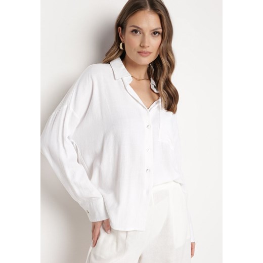 Biała Koszula z Lnu i Wiskozy o Klasycznym Fasonie Calypia ze sklepu Born2be Odzież w kategorii Koszule damskie - zdjęcie 172532127
