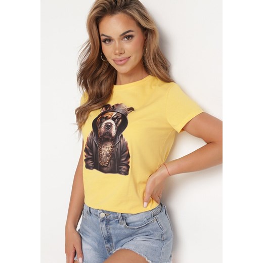 Żółty Bawełniany T-shirt z Krótkim Rękawem i Ozdobnym Nadrukiem Tiimaqin ze sklepu Born2be Odzież w kategorii Bluzki damskie - zdjęcie 172532155