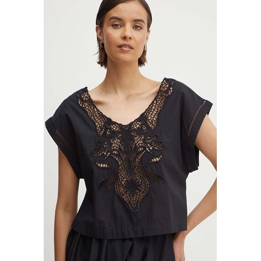 Sisley bluzka bawełniana damska kolor czarny z aplikacją ze sklepu ANSWEAR.com w kategorii Bluzki damskie - zdjęcie 172534119