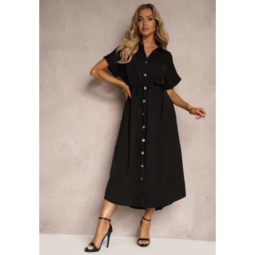 Czarna Sukienka Koszulowa z Materiałowym Paskiem Zapinana na Guziki Quintia ze sklepu Renee odzież w kategorii Sukienki - zdjęcie 172535156