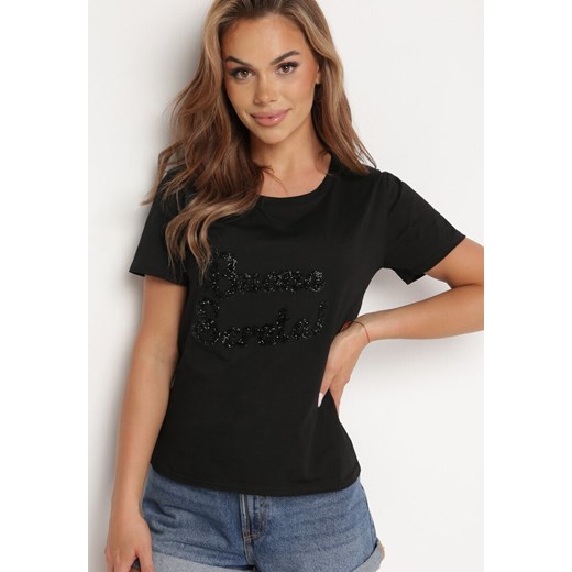 Czarny Bawełniany T-shirt z Ozdobnym Napisem z Cyrkonii Tiavalia ze sklepu Born2be Odzież w kategorii Bluzki damskie - zdjęcie 172536239