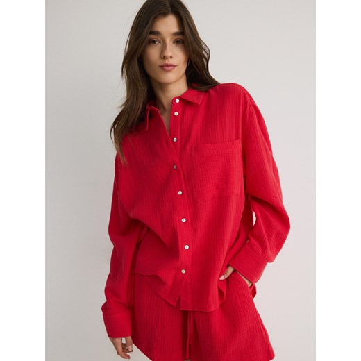 Reserved - Koszula z bawełnianego muślinu - czerwony ze sklepu Reserved w kategorii Koszule damskie - zdjęcie 172539639