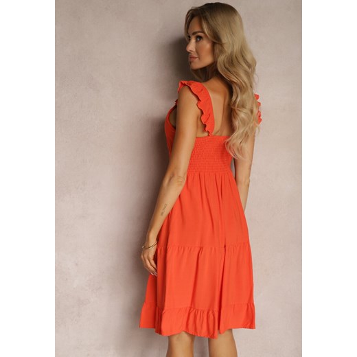 Pomarańczowa Rozkloszowana Sukienka na Ramiączkach z Falbanką Remati Renee M okazyjna cena Renee odzież
