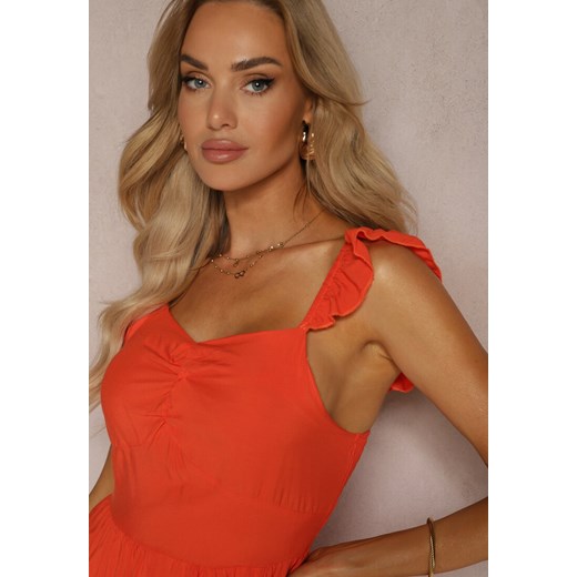 Pomarańczowa Rozkloszowana Sukienka na Ramiączkach z Falbanką Remati Renee L okazyjna cena Renee odzież
