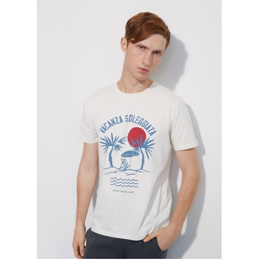 Kremowy T-shirt męski z printem Ochnik One Size okazyjna cena OCHNIK