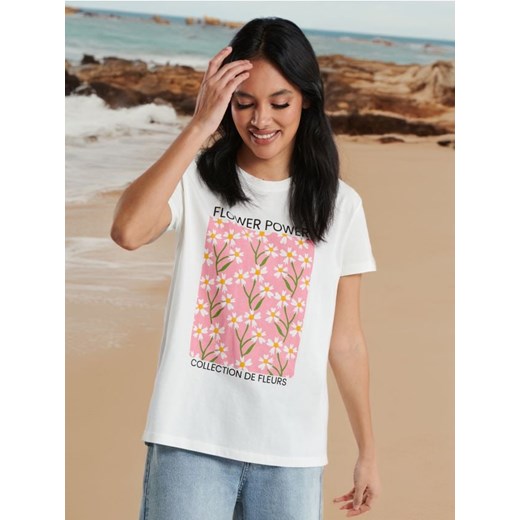 Sinsay - Koszulka z nadrukiem - kremowy ze sklepu Sinsay w kategorii Bluzki damskie - zdjęcie 172573426