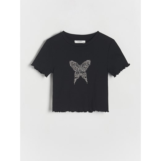 Reserved - T-shirt z aplikacją - czarny ze sklepu Reserved w kategorii Bluzki dziewczęce - zdjęcie 172576788