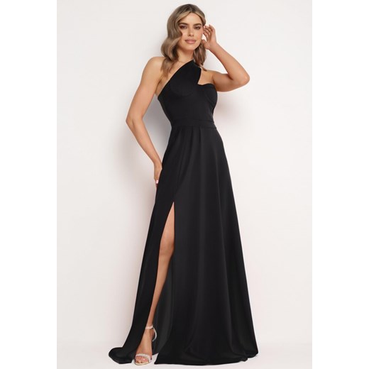 Czarna Rozkloszowana Sukienka z Asymetryczną Górą i Wiązaniem na Ramieniu z Rozcięciem Efirey ze sklepu Born2be Odzież w kategorii Sukienki - zdjęcie 172580296