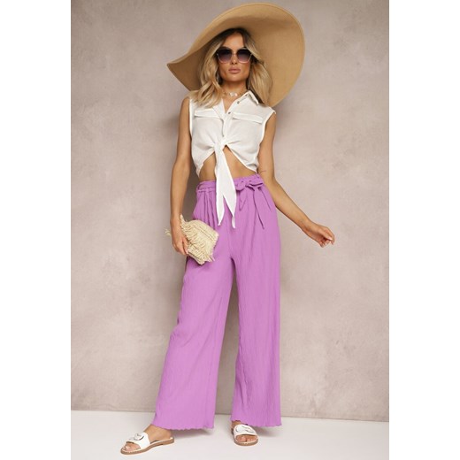 Fioletowe Spodnie o Szerokim Fasonie z Paskiem w Talii Pubolia ze sklepu Renee odzież w kategorii Spodnie damskie - zdjęcie 172585428