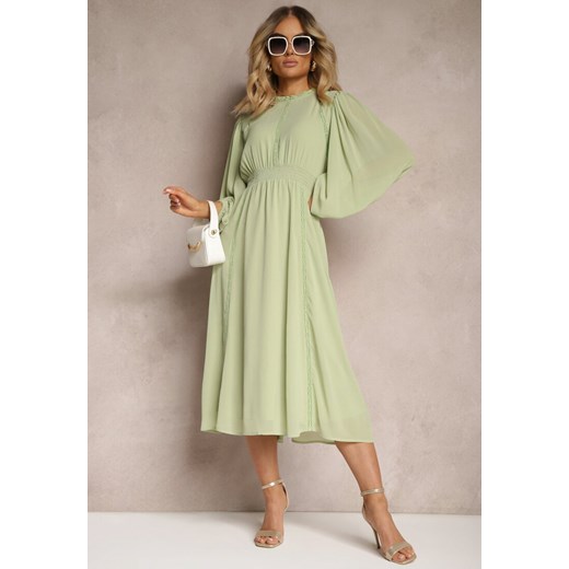 Zielona Rozkloszowana Sukienka Midi z Gumkami w Talii i Koronką Ottillda ze sklepu Renee odzież w kategorii Sukienki - zdjęcie 172585629