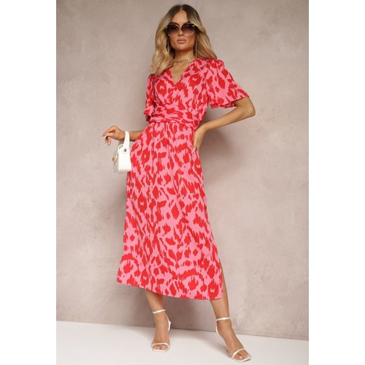 Czerwono-Różowa Sukienka z Kopertowym Dekoltem i Ozdobnymi Wycięciami z Gumką w Pasie i Paskiem Bonlea ze sklepu Renee odzież w kategorii Sukienki - zdjęcie 172585927