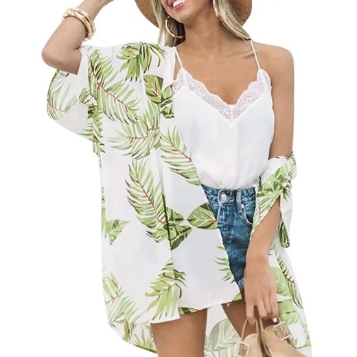Kimono plażowe tropikalne wzory - Zielony / M ze sklepu Maybella.pl w kategorii Odzież plażowa - zdjęcie 172589219