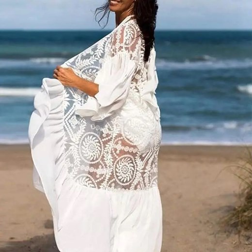 Kimono plażowe z koronki - Biały / Uniwersalny ze sklepu Maybella.pl w kategorii Odzież plażowa - zdjęcie 172589226