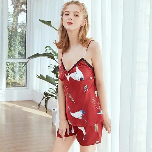 Piżama damska wzór w ptaki - Czerwony / L/XL ze sklepu Maybella.pl w kategorii Piżamy damskie - zdjęcie 172590117