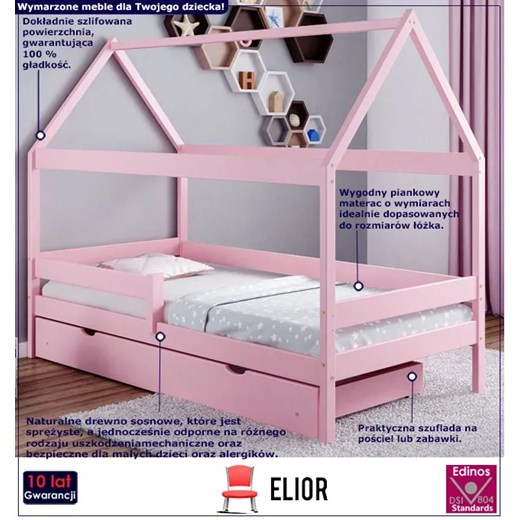 Różowe łóżko domek z szufladą - Petit 4X 160x80 cm Elior One Size Edinos.pl